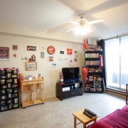 Living room area with a red couch and wood coffee table. Black tv stand and tv, and black corner shelving unit is filled with personal items and flags. Beige wall is decorated with several small wall hangings.
